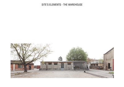 The image showcases a warehouse building in an urban setting. The structure features a concrete faca