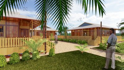 This architectural rendering showcases a tropical residential design featuring wooden bungalows with
