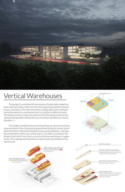 This architectural presentation board showcases a vertical warehouse design concept. The design emph
