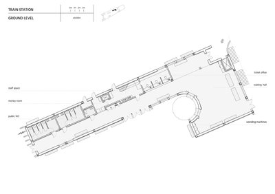 The image presents a ground level floor plan of a train station. It details the spatial arrangement 