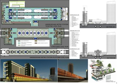 This architectural image presents a comprehensive design for an underground metro station, showcasin