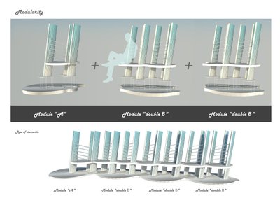 The image presents a modular architectural concept for public seating. It showcases how individual m