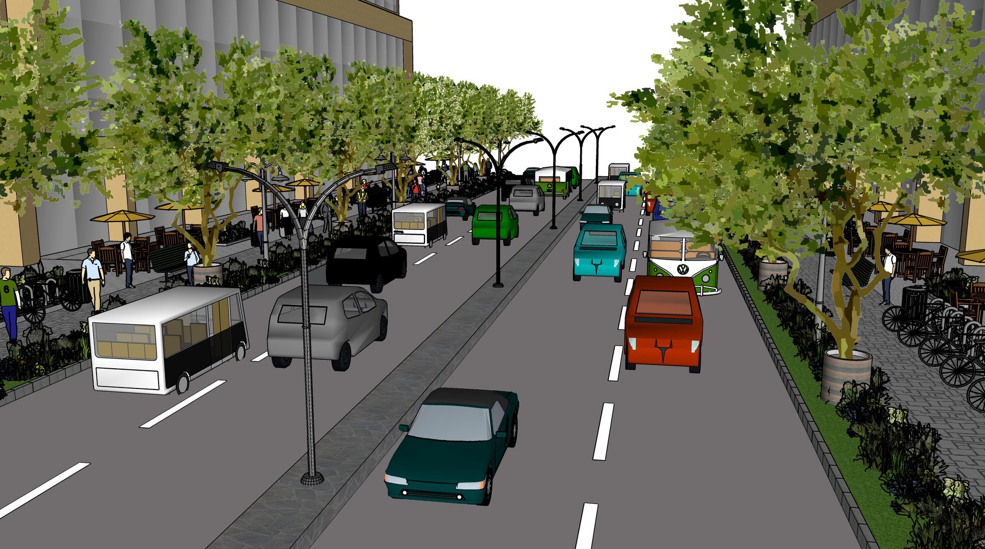 Pedestrianised street 20-24m wide road