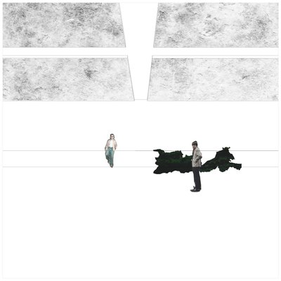 The image presents an abstract architectural concept, featuring geometric forms and a minimalist des