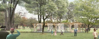 This architectural image showcases a contemporary pavilion in a park setting. The pavilion features 