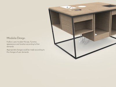The image presents a 3D rendering of a modular desk design, emphasizing its adaptability and customi