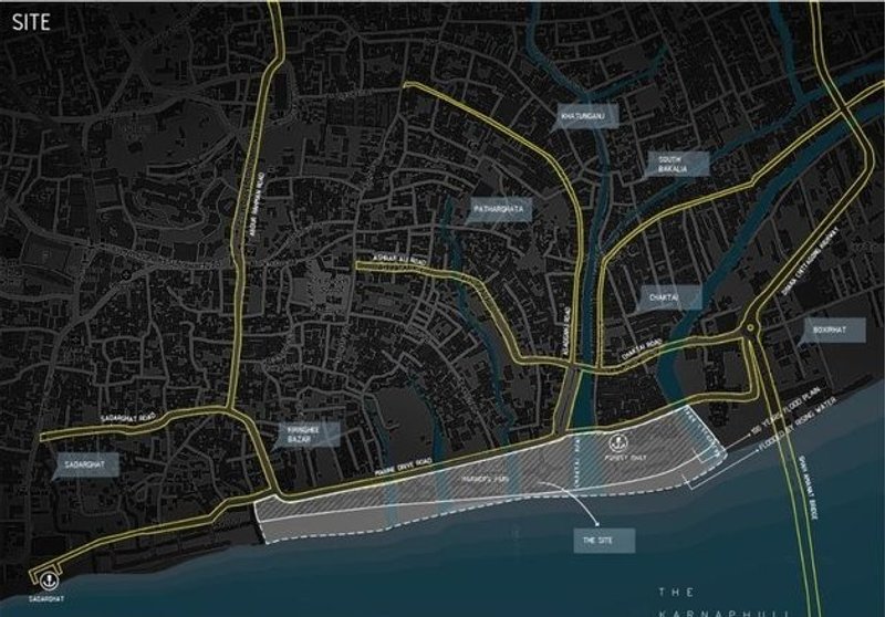 Karnaphuli Riverfront revitalization site map in Chattogram.