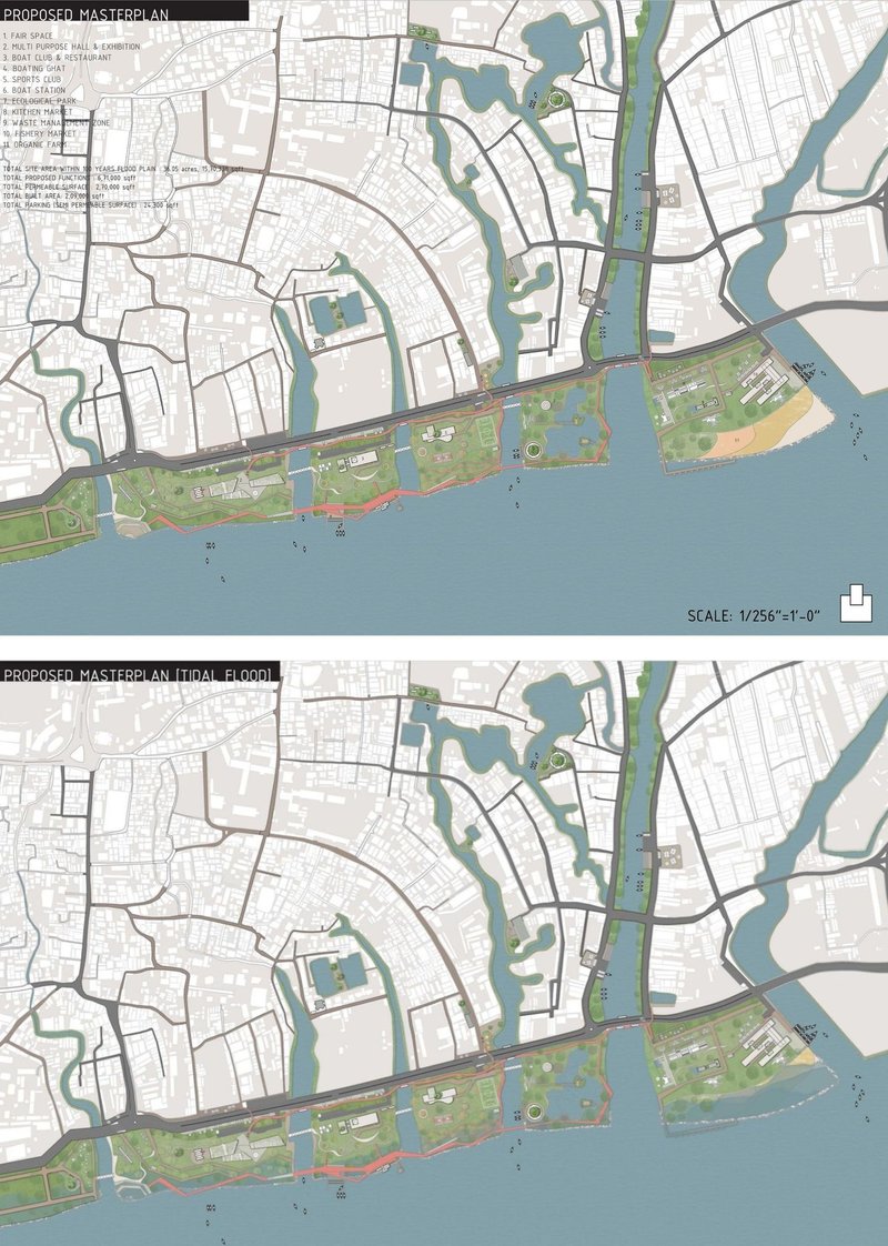 Proposed Karnaphuli Riverfront masterplan: Normal conditions and tidal flood scenarios.