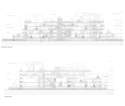 The image presents two architectural elevations, labeled "ELEVATION EST / BOULEVARD" and "ELEVATION 