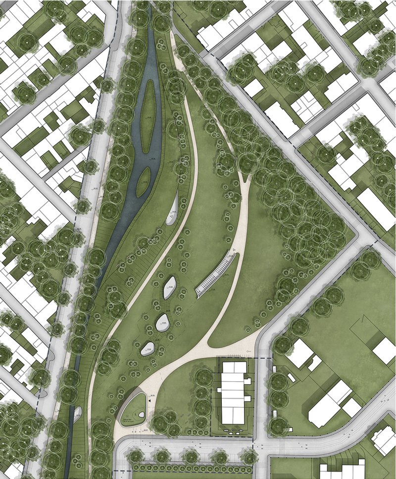Master plan of La Via dell’Acqua, integrating nature and urban spaces.