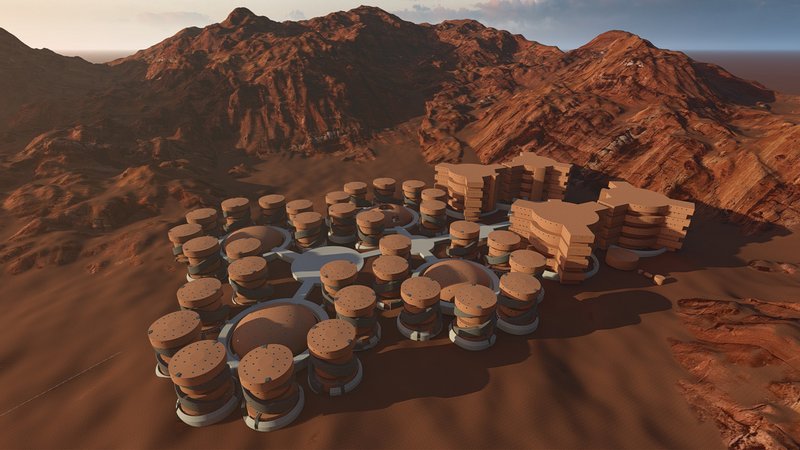An aerial view of the Red Planet Renaissance habitat design—showcasing modular, sustainable Martian architecture seamlessly integrated into the rugged Martian landscape.