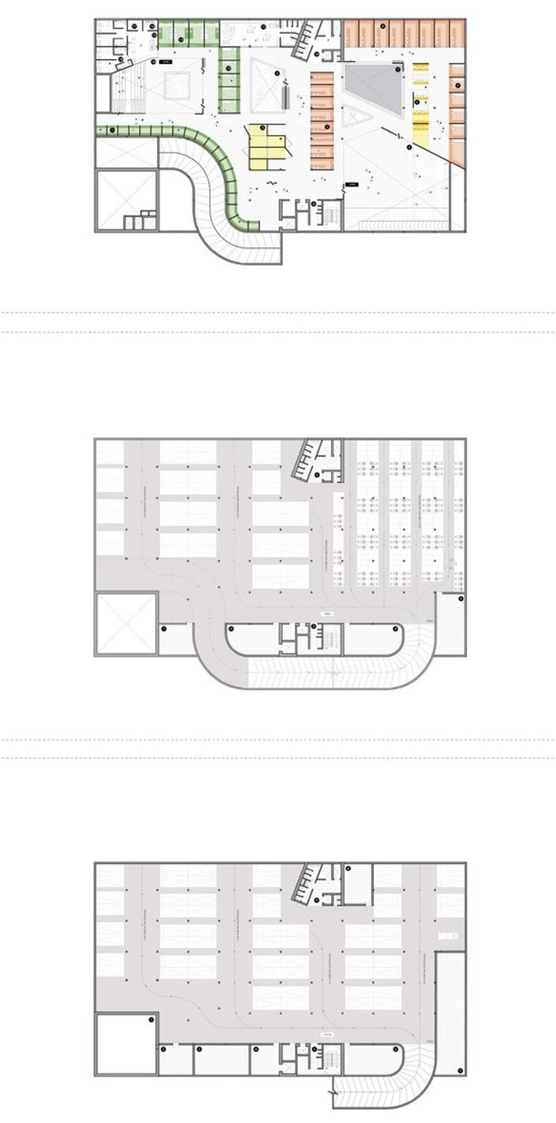 First, Second, and Third Floor Plans: Market, parking, services.