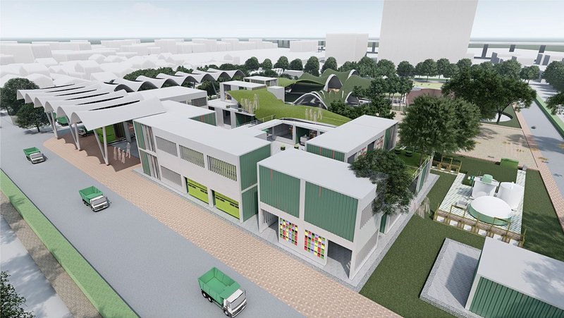 Aerial view of Swayam's integrated waste management facility, featuring modular green architecture and spaces for community engagement.