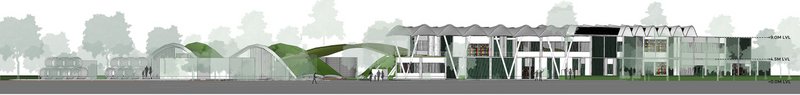 Architectural elevation of Swayam’s Wastescape Community, showcasing modular structures, green roofs, and sustainable design elements