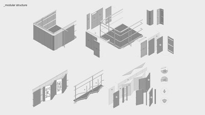This architectural image presents an exploded axonometric view of a modular structure. The diagram s