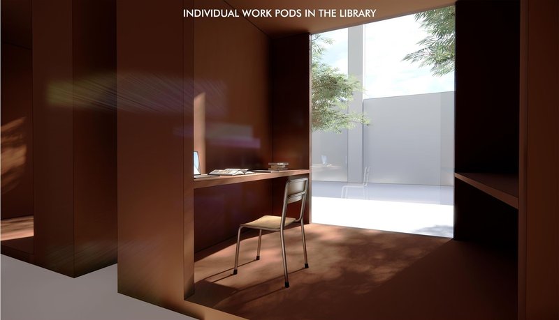 Individual library work pods for focused study.