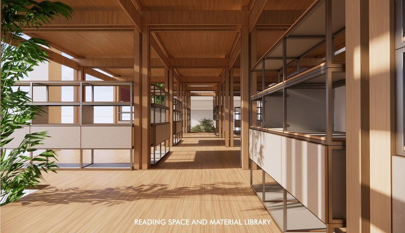 Reading space and materials library: Natural light and timber construction.