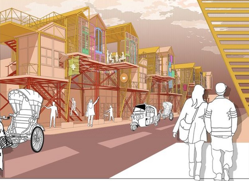 Dynamic urban integration: Sustainable commercial modules blending slum innovation with urban accessibility and interaction.