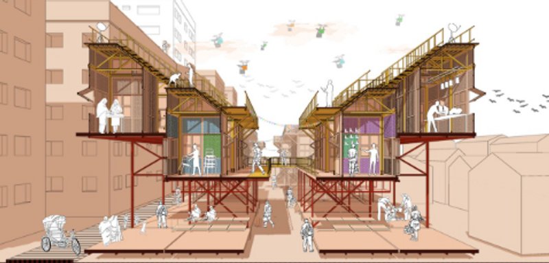 Entrepreneurial hub: Elevated modular structures fostering economic growth and collaboration in urban slum communities.