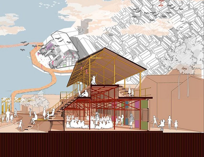 A communal beacon: Open spaces fostering education, interaction, and sustainability within urban slum architecture.