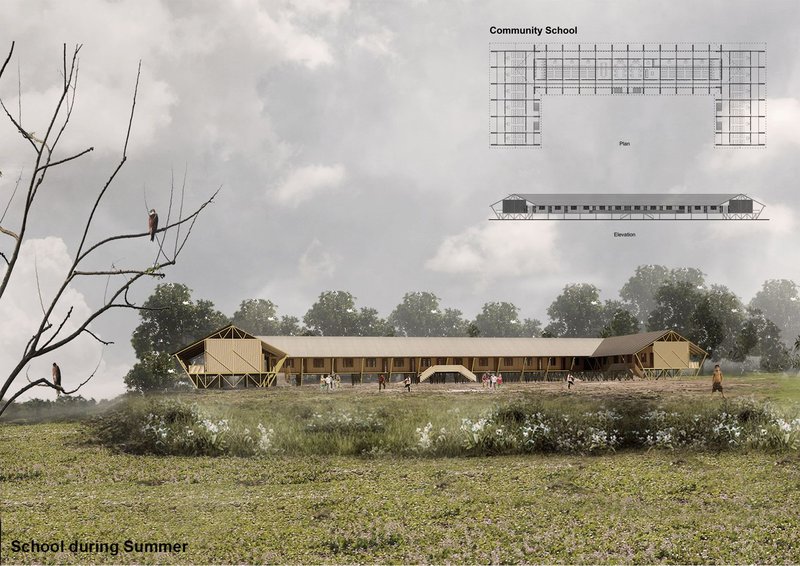 Community school design harmonizing with the summer landscape of Hakaluki Haor.