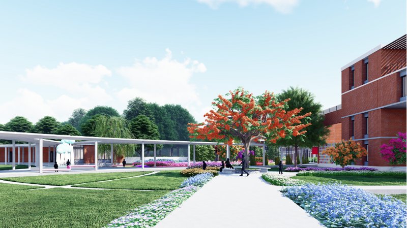 A vibrant landscape integrating lush greenery, colorful flowers, and open pathways to foster interaction and tranquility.