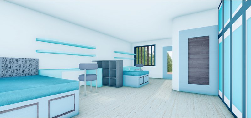 A serene, sensory-friendly dormitory design, blending functionality and comfort to support neurodiverse needs and foster inclusivity.