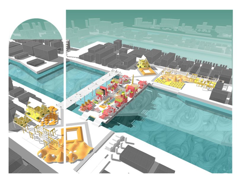 vibrant aerial view showcases the interplay between ship modules and the urban waterfront.