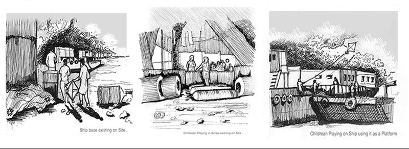 Illustrated vignettes depict the life and transformation around the ship’s base.