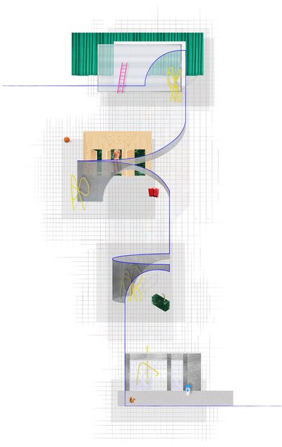 This architectural image presents an abstract and conceptual design through a collage-like compositi