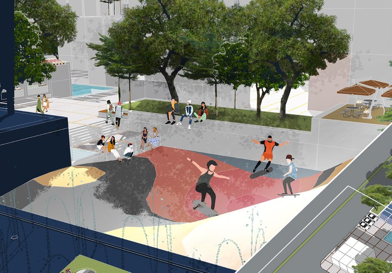 Dynamic community zone featuring a skate park and shaded seating.