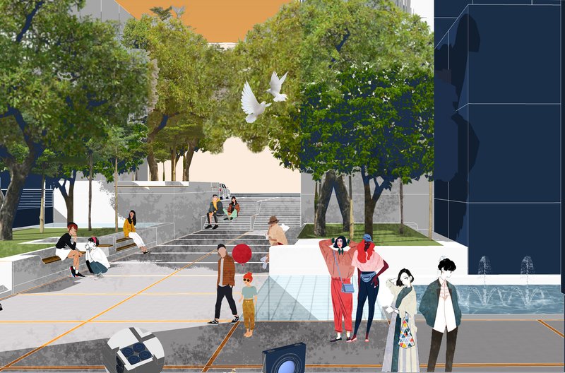 A tranquil public plaza with shaded seating, interactive spaces, and water features.