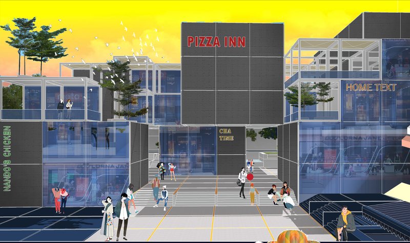 Modern modular architecture integrating retail and public spaces.