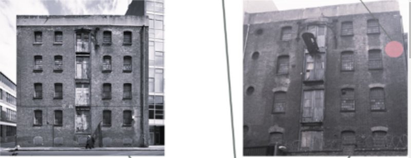 The untouched exterior of the Victorian-era warehouse, preserving its architectural charm before adaptive reuse.