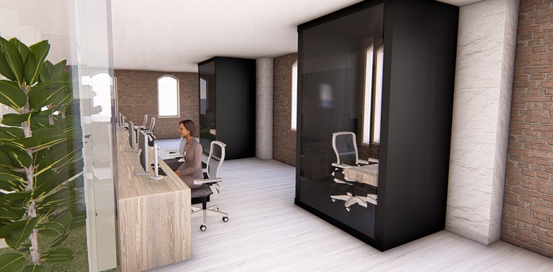 Modern workspaces designed with transparency and greenery, blending functionality with natural aesthetics.