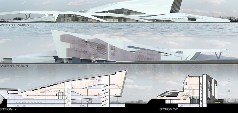 Architectural elevations and sections highlight the intricate design and multifunctional structure of the Cultural Center.