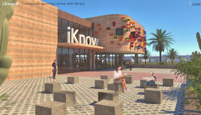 A welcoming front view of the iKnow Library, showcasing its modern and eco-friendly architectural design.