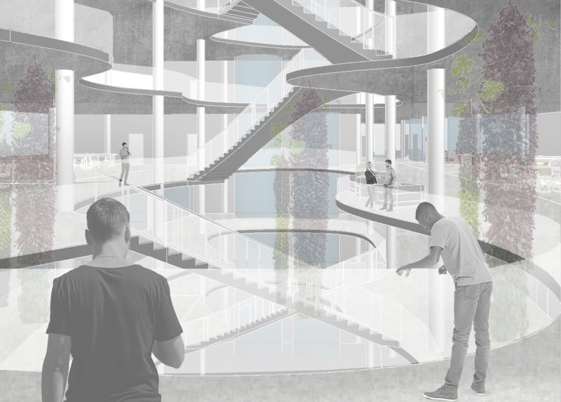 Dynamic atrium: An open, interactive space with cascading staircases and greenery, fostering collaboration and creativity.