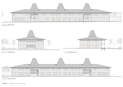 The architectural image presents four elevations of a building, likely a school, showcasing a modern