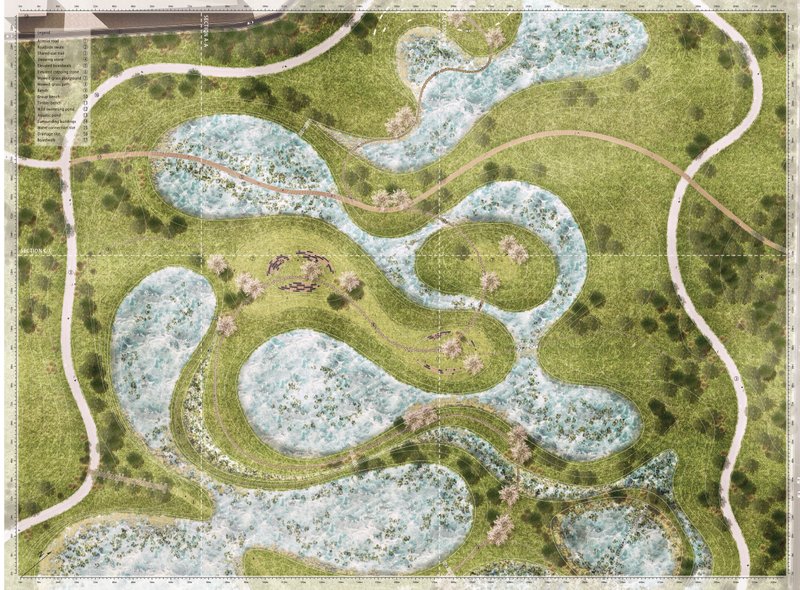 An aerial view highlights the dynamic interplay of meandering paths, wetlands, and green spaces.