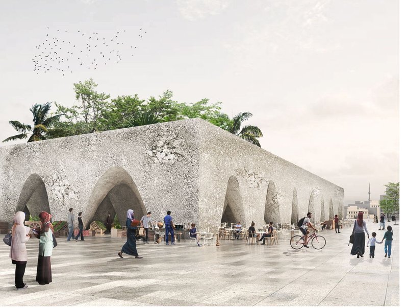 Modern arches meet tradition in a revitalized Aleppo, fostering community, connection, and peace.