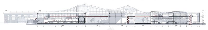 Detailed sectional drawing highlighting the adaptive reuse design and spatial planning of the Film &amp; Digital Media Centre.