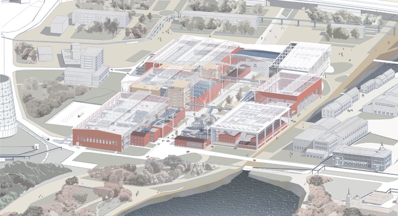 Aerial perspective of the Film &amp; Digital Media Centre, showcasing adaptive reuse and integration.