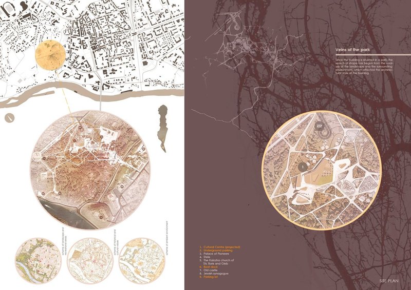 A detailed site plan illustrating the strategic integration of the Cultural Centre into Grodno's urban and natural landscape.