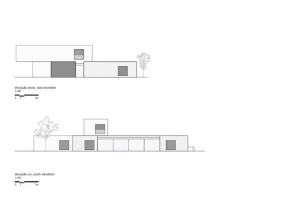 The image presents two architectural elevations, labeled as "elevação oeste_east elevation" and "ele
