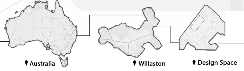 Location maps showing the project's placement in Willaston, Australia, with a design layout tailored to the site's unique terrain and vegetation.