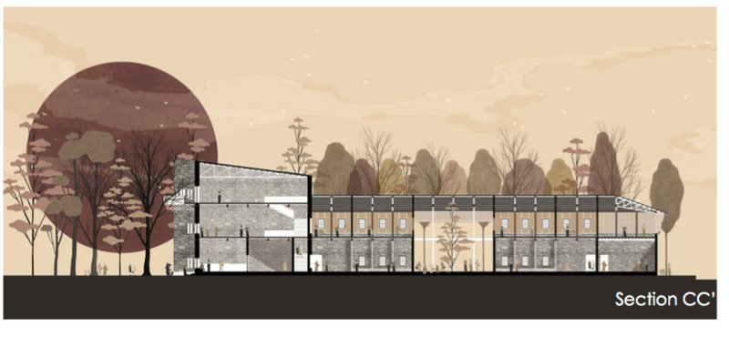 Sectional perspective presenting architectural balance with nature.