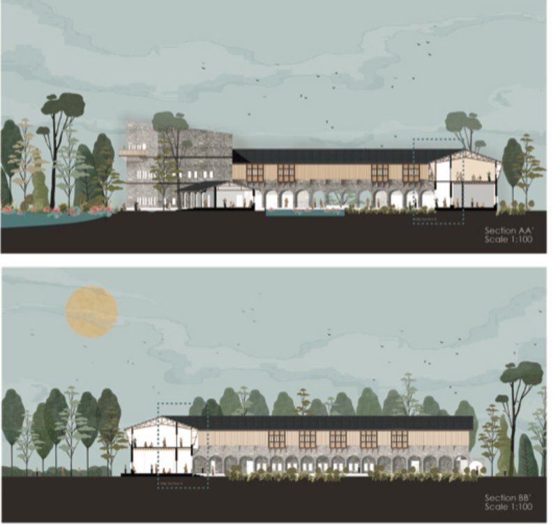 Sectional perspective illustrating architectural harmony within the environment.