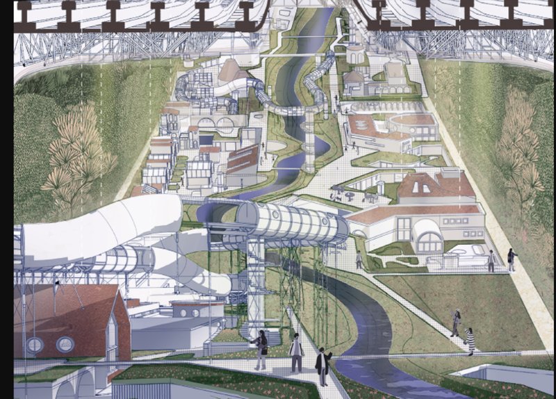 Green spaces integrated with futuristic urban habitat design.