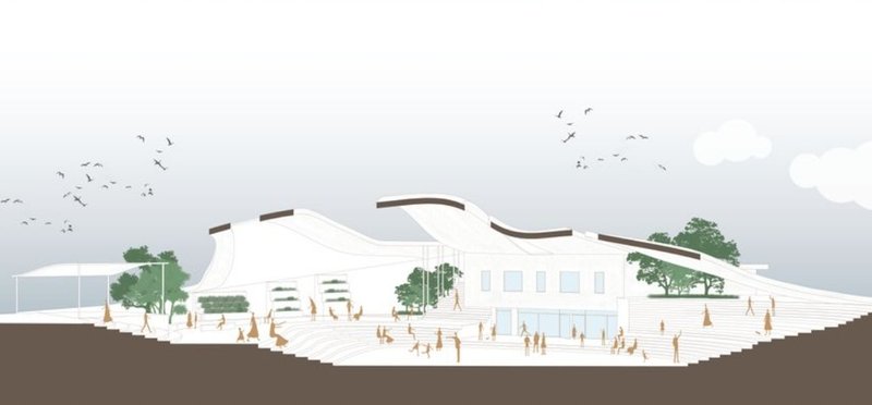 A sectional view of the architecture showcasing the project's seamless integration with the topography.